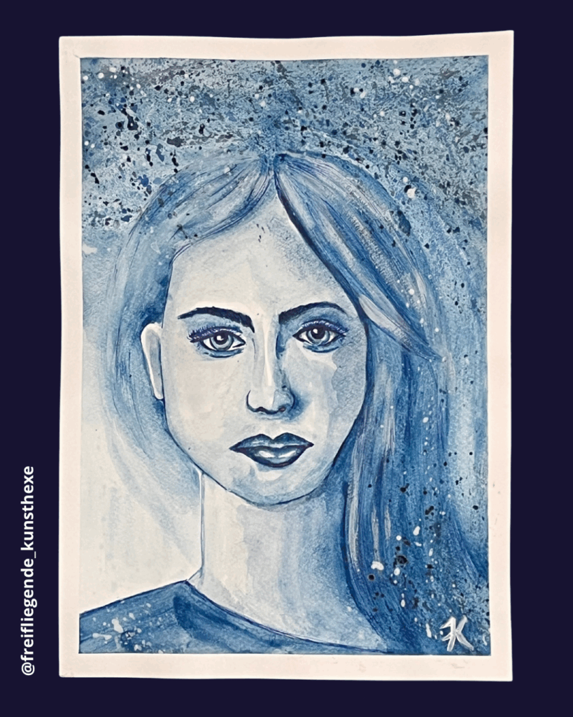 Monochrome Kunst in Blau – intuitives Porträt mit Aquarellfarben
